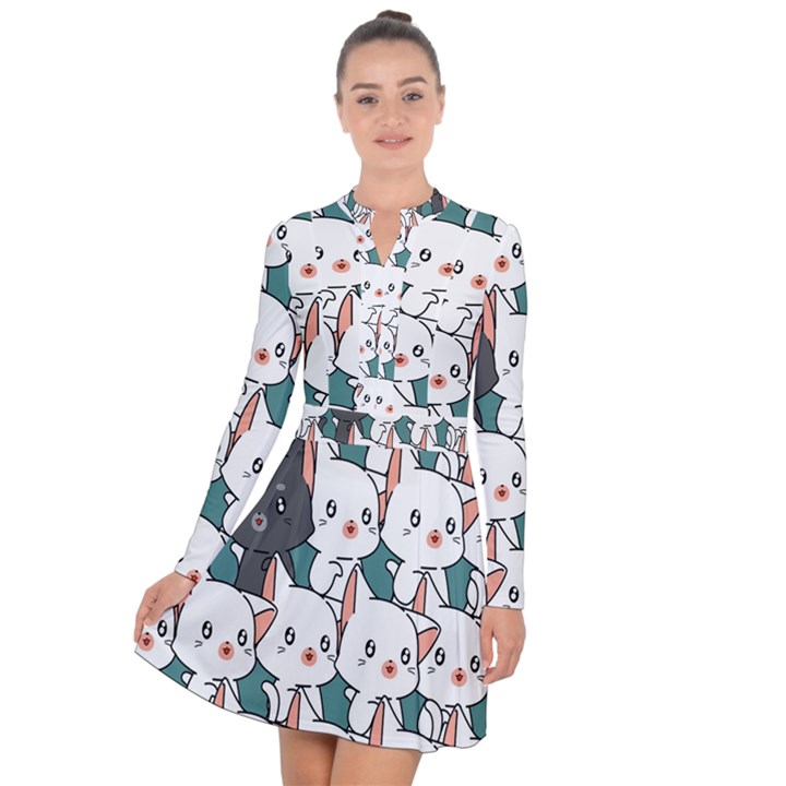 Seamless-cute-cat-pattern-vector Long Sleeve Panel Dress