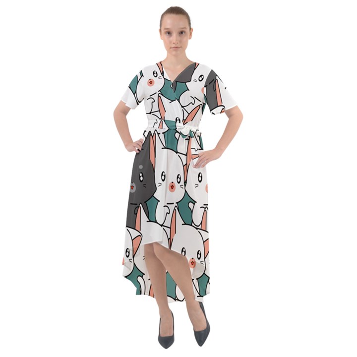 Seamless-cute-cat-pattern-vector Front Wrap High Low Dress