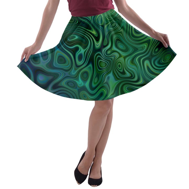 Emerald Green Blue Marbled Color A-line Skater Skirt