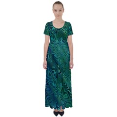 Emerald Green Blue Marbled Color High Waist Short Sleeve Maxi Dress by SpinnyChairDesigns