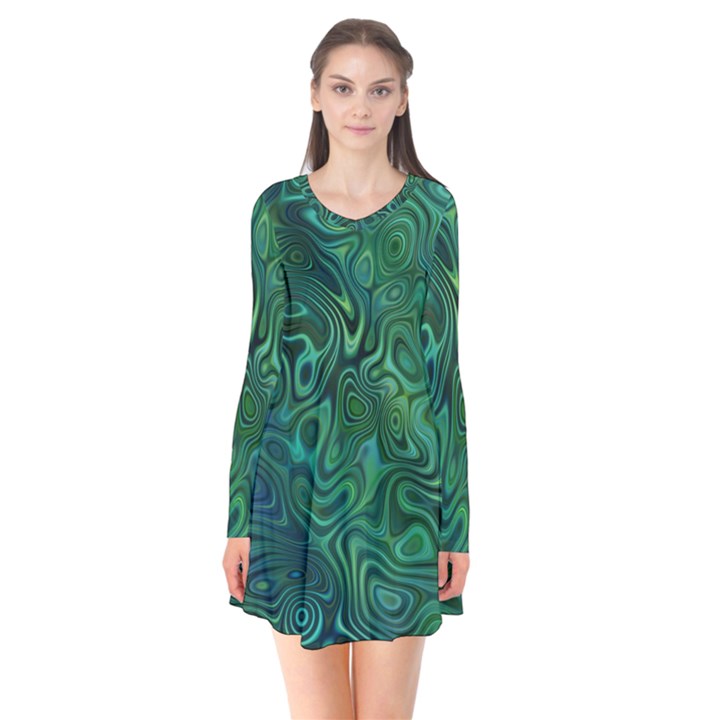 Emerald Green Blue Marbled Color Long Sleeve V-neck Flare Dress