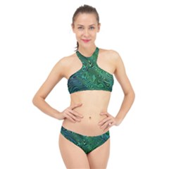 Emerald Green Blue Marbled Color High Neck Bikini Set by SpinnyChairDesigns