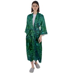 Emerald Green Blue Marbled Color Maxi Satin Kimono by SpinnyChairDesigns