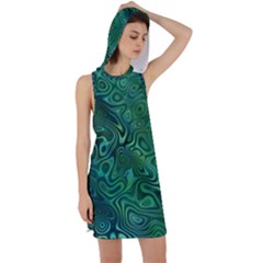 Emerald Green Blue Marbled Color Racer Back Hoodie Dress by SpinnyChairDesigns