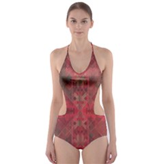 Indian Red Color Geometric Diamonds Cut-out One Piece Swimsuit by SpinnyChairDesigns