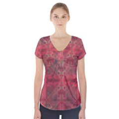 Indian Red Color Geometric Diamonds Short Sleeve Front Detail Top by SpinnyChairDesigns