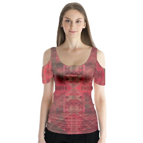 Indian Red Color Geometric Diamonds Butterfly Sleeve Cutout Tee  by SpinnyChairDesigns