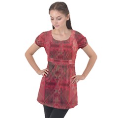 Indian Red Color Geometric Diamonds Puff Sleeve Tunic Top by SpinnyChairDesigns