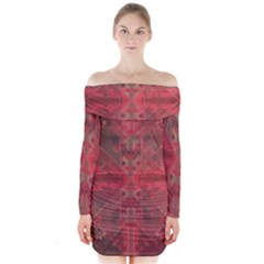 Indian Red Color Geometric Diamonds Long Sleeve Off Shoulder Dress by SpinnyChairDesigns