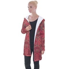 Indian Red Color Geometric Diamonds Longline Hooded Cardigan by SpinnyChairDesigns