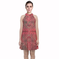 Indian Red Color Geometric Diamonds Velvet Halter Neckline Dress  by SpinnyChairDesigns