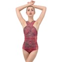 Indian Red Color Geometric Diamonds Cross Front Low Back Swimsuit View1