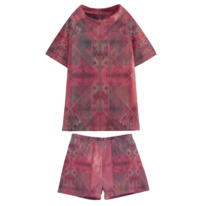 Indian Red Color Geometric Diamonds Kids  Swim Tee and Shorts Set