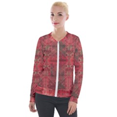 Indian Red Color Geometric Diamonds Velour Zip Up Jacket by SpinnyChairDesigns