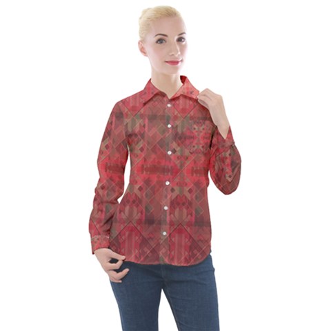 Indian Red Color Geometric Diamonds Women s Long Sleeve Pocket Shirt by SpinnyChairDesigns