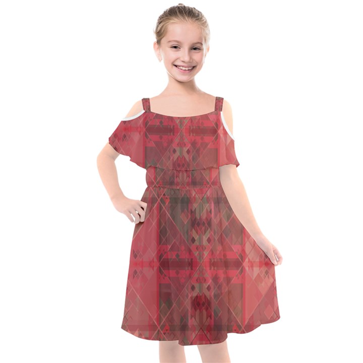 Indian Red Color Geometric Diamonds Kids  Cut Out Shoulders Chiffon Dress