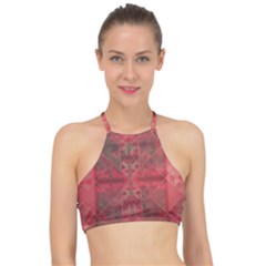 Indian Red Color Geometric Diamonds Racer Front Bikini Top by SpinnyChairDesigns