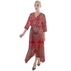 Indian Red Color Geometric Diamonds Quarter Sleeve Wrap Front Maxi Dress by SpinnyChairDesigns