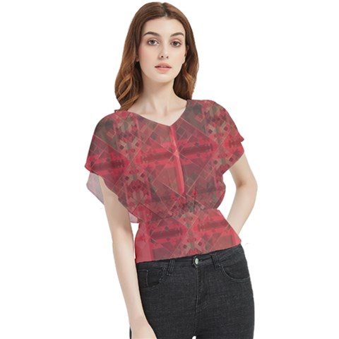 Indian Red Color Geometric Diamonds Butterfly Chiffon Blouse by SpinnyChairDesigns