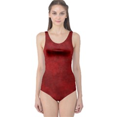 Scarlet Red Velvet Color Faux Texture One Piece Swimsuit by SpinnyChairDesigns