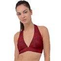 Scarlet Red Velvet Color Faux Texture Halter Plunge Bikini Top View1