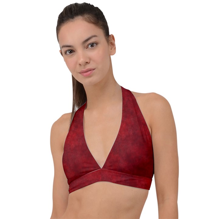 Scarlet Red Velvet Color Faux Texture Halter Plunge Bikini Top