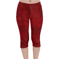 Scarlet Red Velvet Color Faux Texture Velvet Capri Leggings  by SpinnyChairDesigns