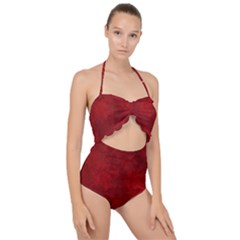 Scarlet Red Velvet Color Faux Texture Scallop Top Cut Out Swimsuit by SpinnyChairDesigns