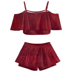 Scarlet Red Velvet Color Faux Texture Kids  Off Shoulder Skirt Bikini by SpinnyChairDesigns