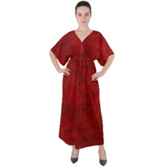 Scarlet Red Velvet Color Faux Texture V-neck Boho Style Maxi Dress by SpinnyChairDesigns