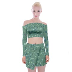 Green Color Polka Dots Pattern Off Shoulder Top With Mini Skirt Set by SpinnyChairDesigns