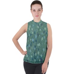 Green Color Polka Dots Pattern Mock Neck Chiffon Sleeveless Top by SpinnyChairDesigns