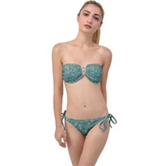 Green Color Polka Dots Pattern Twist Bandeau Bikini Set by SpinnyChairDesigns