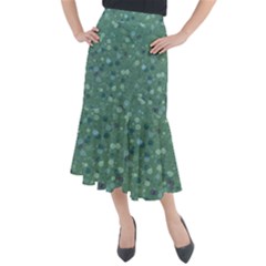 Green Color Polka Dots Pattern Midi Mermaid Skirt by SpinnyChairDesigns