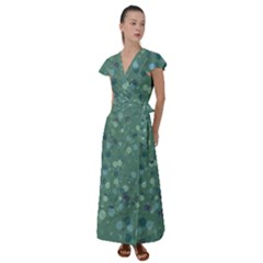 Green Color Polka Dots Pattern Flutter Sleeve Maxi Dress by SpinnyChairDesigns