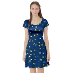 White Yellow Stars On Blue Color Short Sleeve Skater Dress by SpinnyChairDesigns