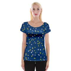 White Yellow Stars On Blue Color Cap Sleeve Top by SpinnyChairDesigns