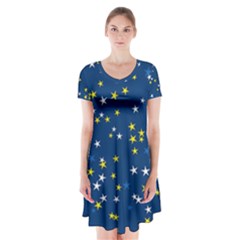 White Yellow Stars On Blue Color Short Sleeve V-neck Flare Dress by SpinnyChairDesigns