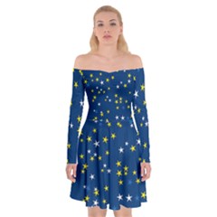 White Yellow Stars On Blue Color Off Shoulder Skater Dress by SpinnyChairDesigns