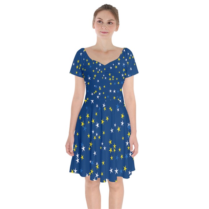 White Yellow Stars on Blue Color Short Sleeve Bardot Dress