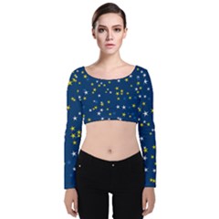 White Yellow Stars On Blue Color Velvet Long Sleeve Crop Top by SpinnyChairDesigns