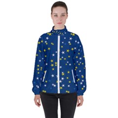 White Yellow Stars On Blue Color Women s High Neck Windbreaker by SpinnyChairDesigns