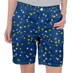 White Yellow Stars On Blue Color Pocket Shorts by SpinnyChairDesigns