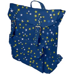 White Yellow Stars On Blue Color Buckle Up Backpack by SpinnyChairDesigns