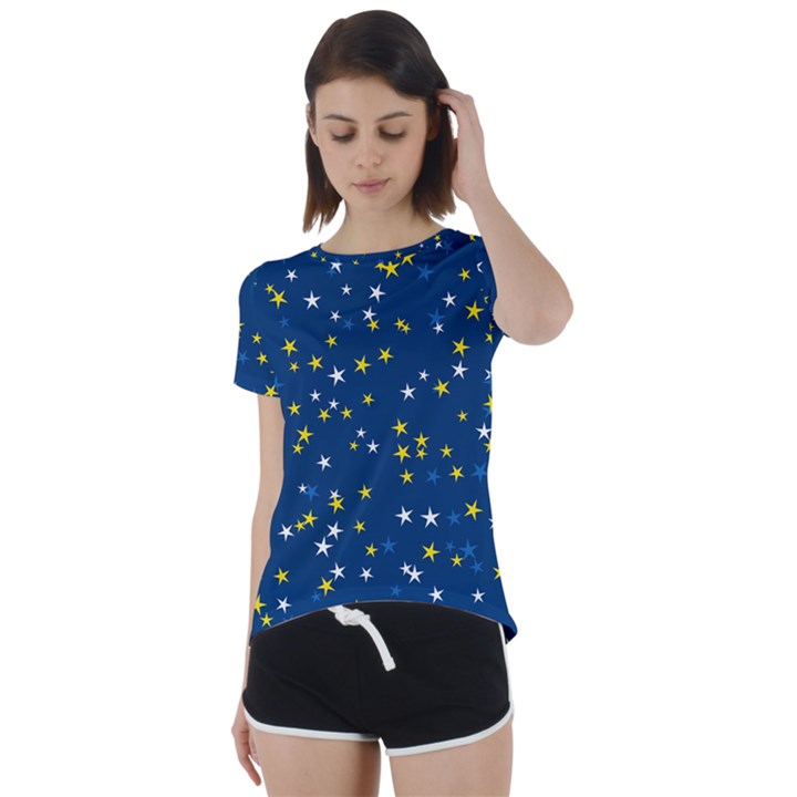 White Yellow Stars on Blue Color Short Sleeve Foldover Tee