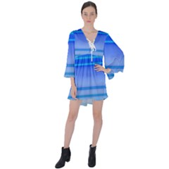 Blue Purple Color Stripes Ombre V-neck Flare Sleeve Mini Dress by SpinnyChairDesigns