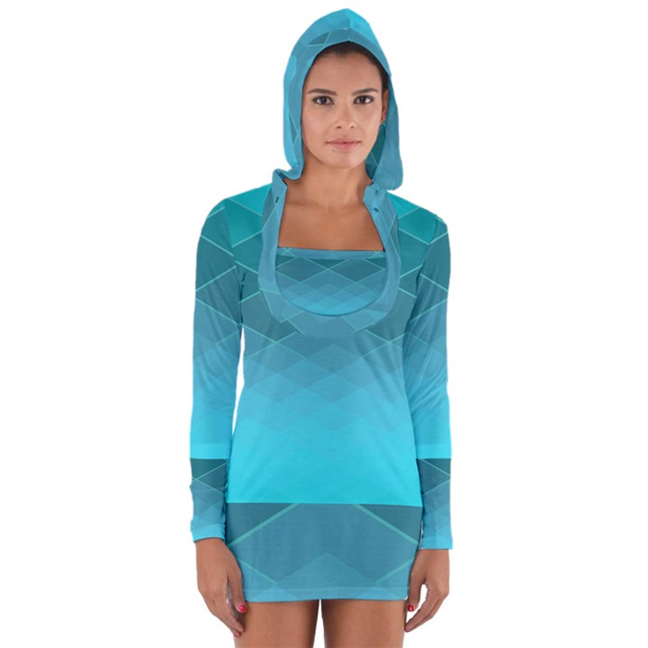 Aqua Blue and Teal Color Diamonds Long Sleeve Hooded T-shirt