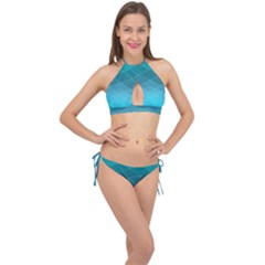 Aqua Blue And Teal Color Diamonds Cross Front Halter Bikini Set