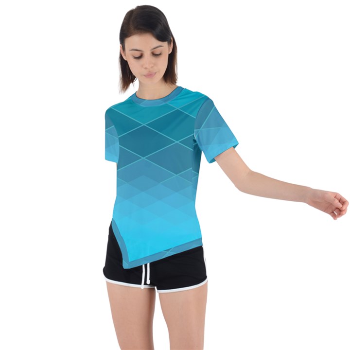 Aqua Blue and Teal Color Diamonds Asymmetrical Short Sleeve Sports Tee