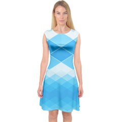 Light Blue And White Color Diamonds Capsleeve Midi Dress